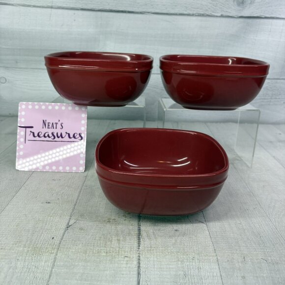 Home Trends CANOPY RED Cranberry Emboss Square Porcelain Soup Cereal Bowls Set 3 - Picture 1 of 16